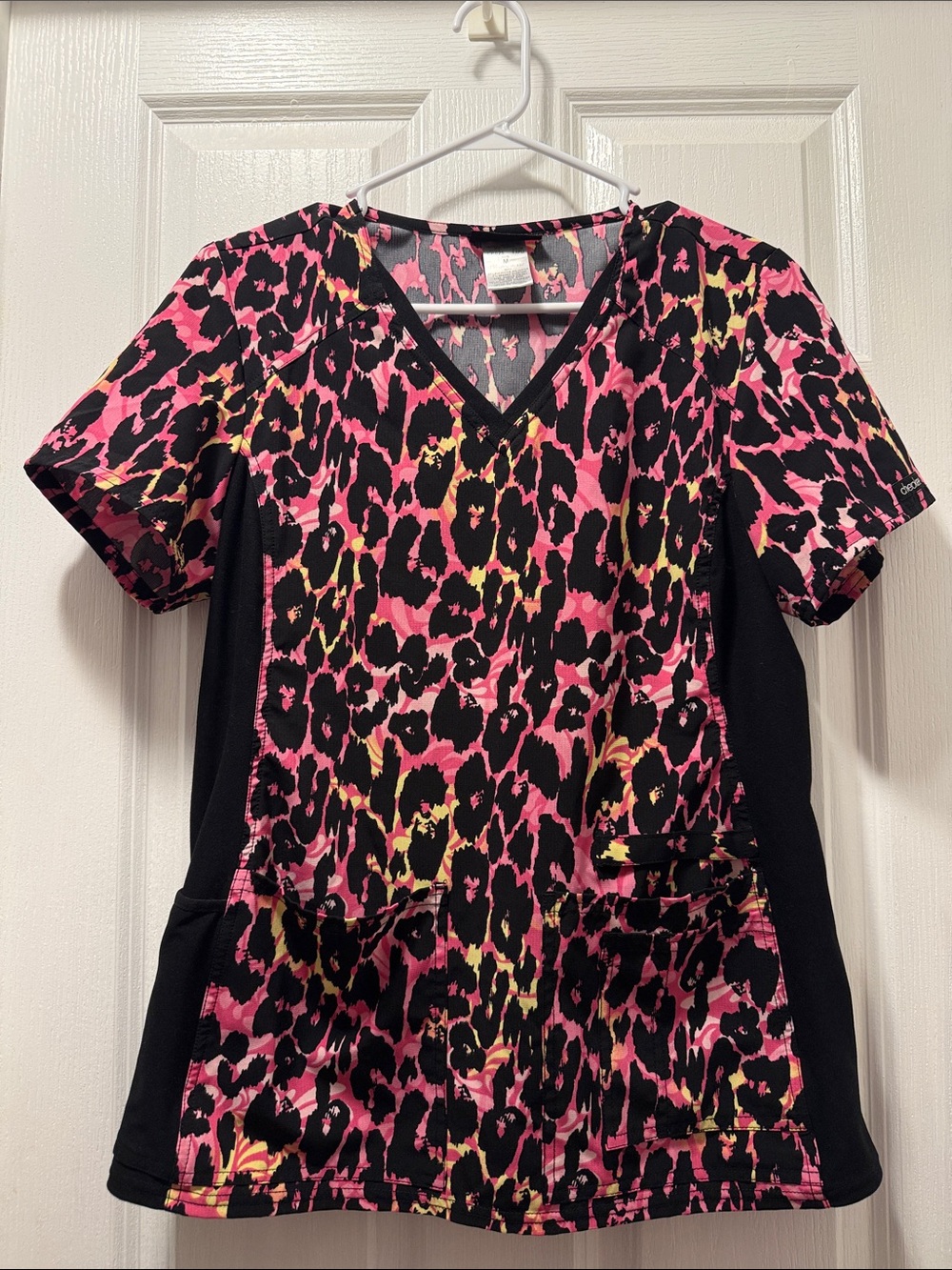 Cherokee Pink Leopard Print Short Sleeve V-Neck Top with Black Panels